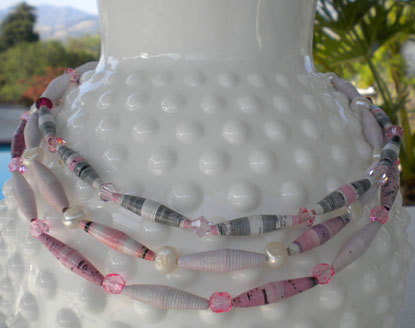 Three Strand Pink Paper Beads Necklace