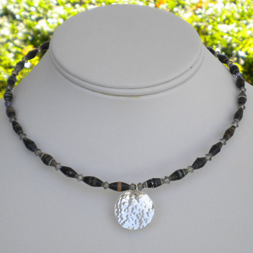 Paper Bead Neck wire necklace w/ hammered silver pendant